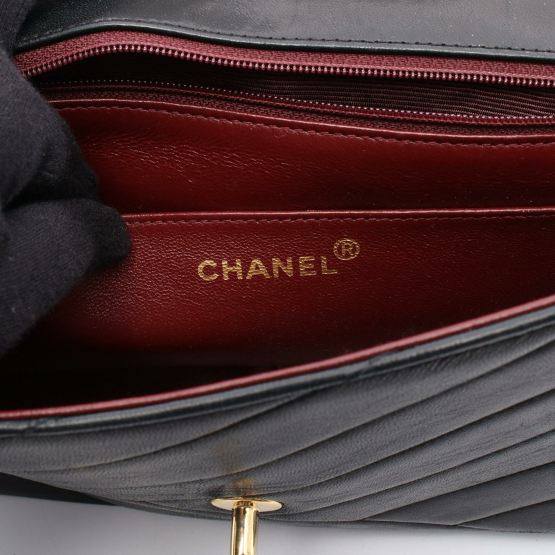 香奈兒斜紋縫線鏈條單肩包，羊皮材質，黑色，金色五金，二手女款-3