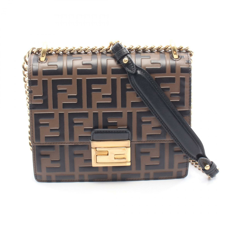 FENDI Zucca Can You 鏈條單肩包,棕色/黑色皮革,二手女款-0