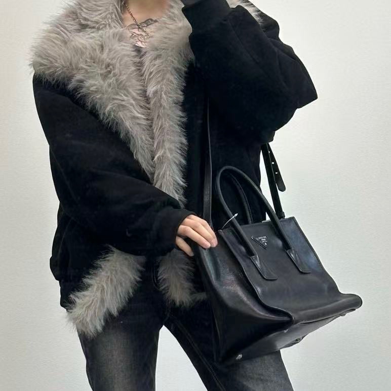 「JL精品代購」 Prada黑色牛皮GlaceCalf 2way托特包-1