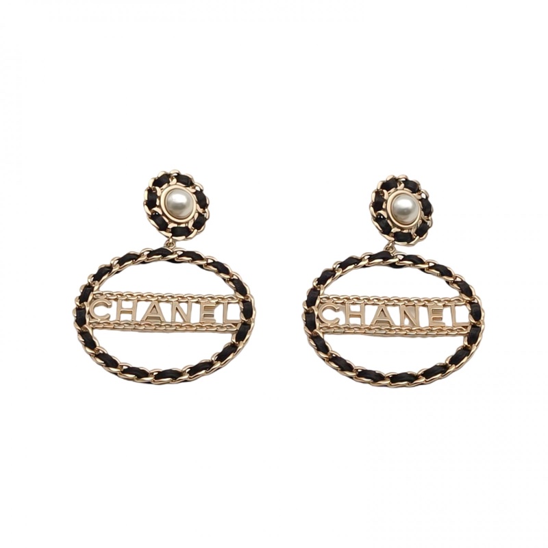CHANEL 合金珍珠皮穿鏈大圓圈耳環-0