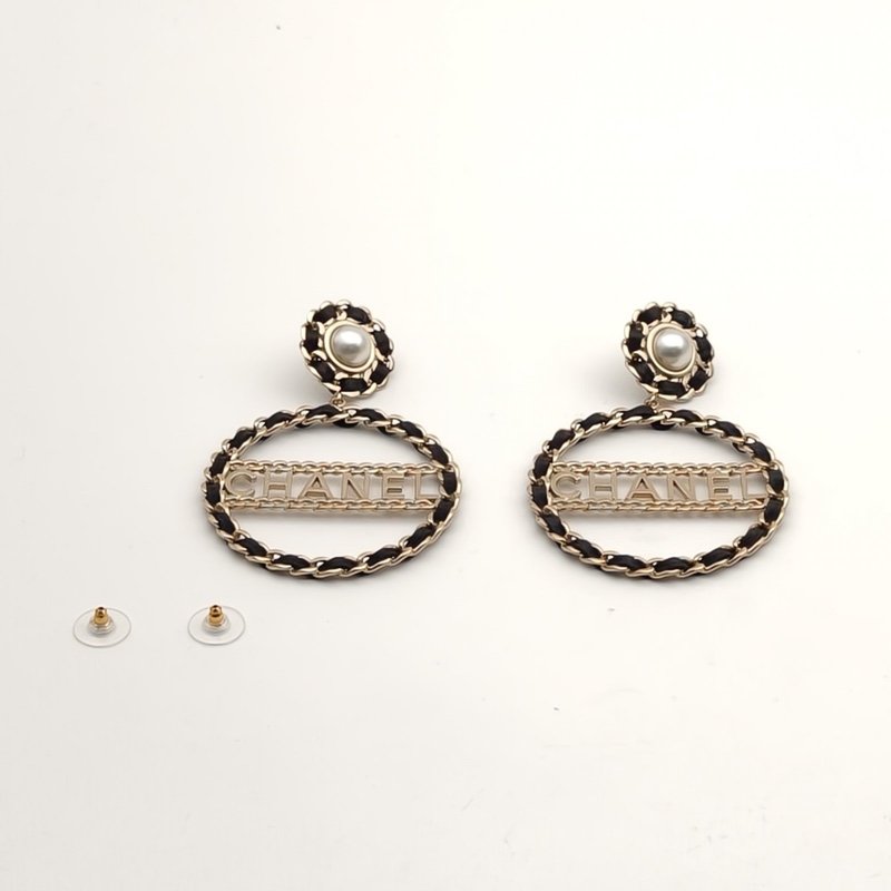 CHANEL 合金珍珠皮穿鏈大圓圈耳環-2