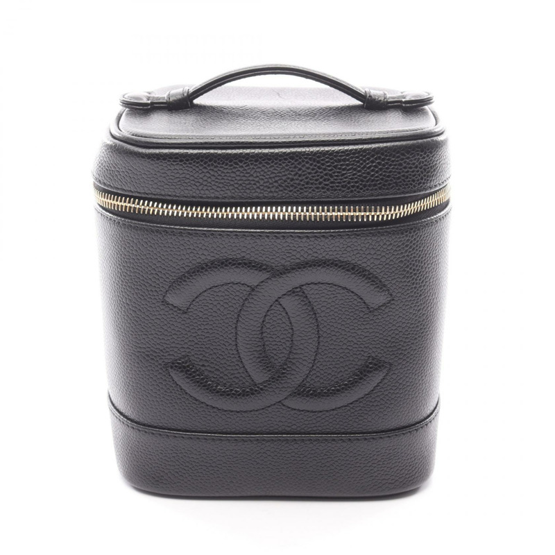 香奈兒 COCO 標誌化妝包 A01998 小牛皮 黑色 二手 金色五金 女士-0