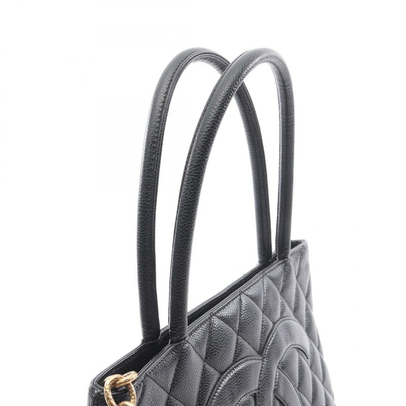 香奈兒 (CHANEL) Medallion 手提單肩包，黑色粒面小牛皮，二手，女士，金色五金配件，CC-5