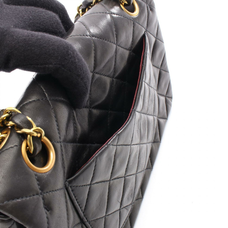 香奈兒 (CHANEL) Matelasse 雙蓋鏈條肩背包 A01113 羊皮黑色金色五金二手-5