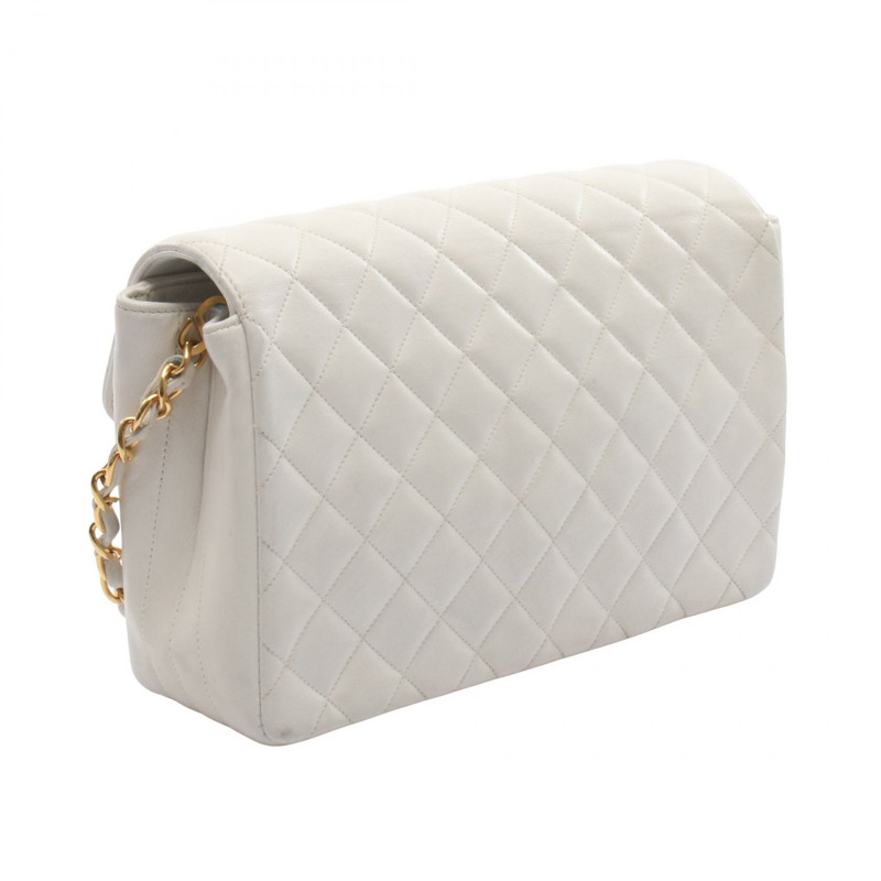 香奈兒 (CHANEL) 絎縫斜背鏈條單肩包 白色皮革 金色五金 二手 女士-1