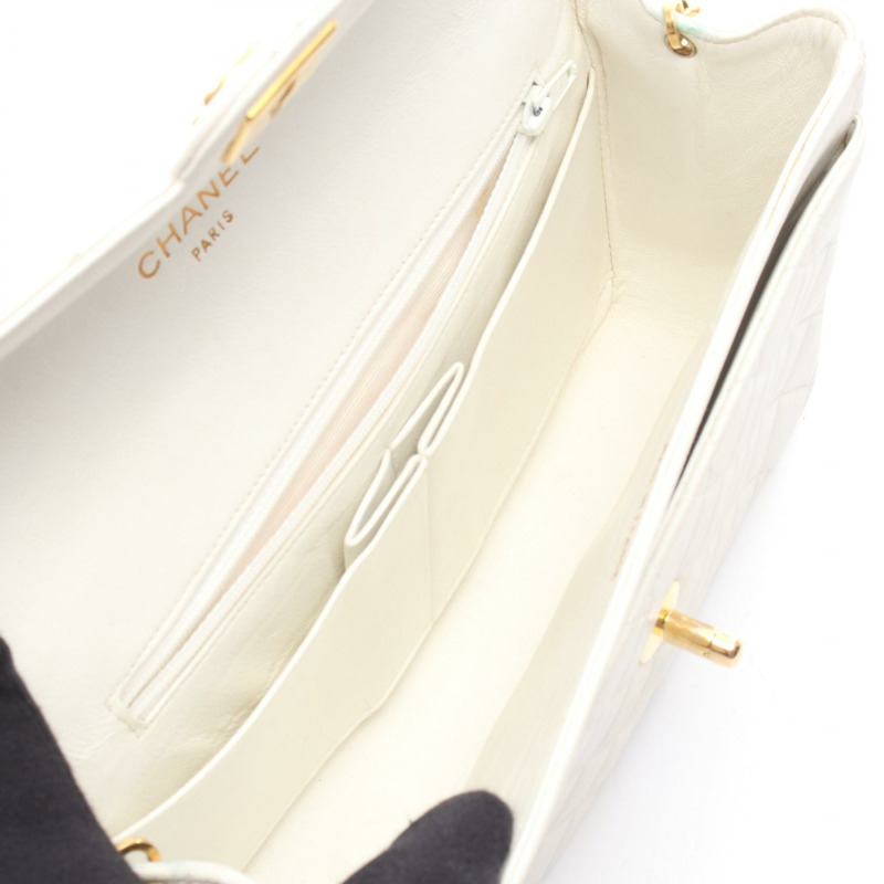 香奈兒 (CHANEL) 絎縫斜背鏈條單肩包 白色皮革 金色五金 二手 女士-2