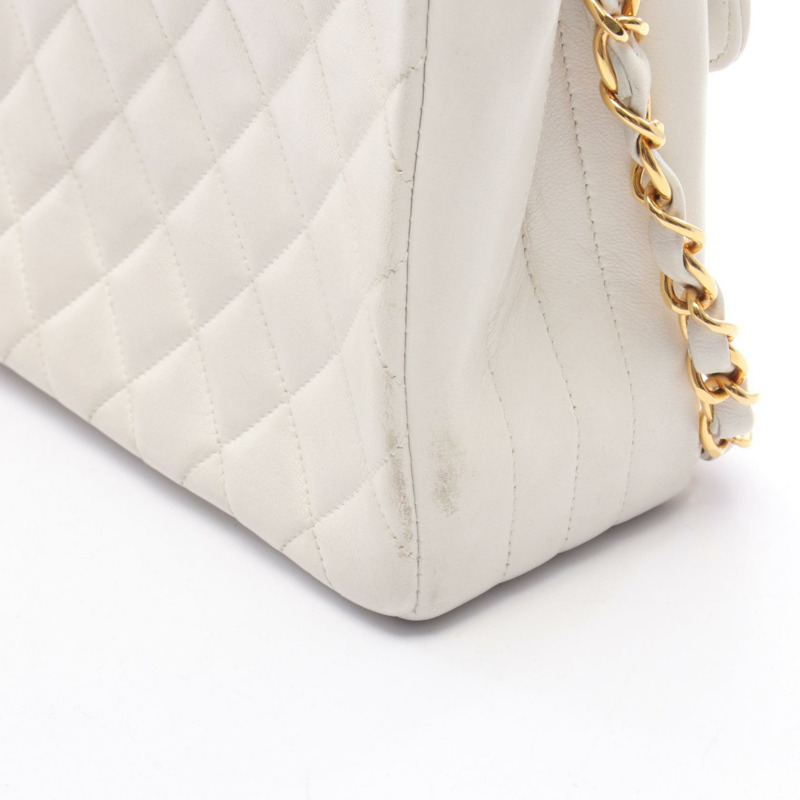 香奈兒 (CHANEL) 絎縫斜背鏈條單肩包 白色皮革 金色五金 二手 女士-7