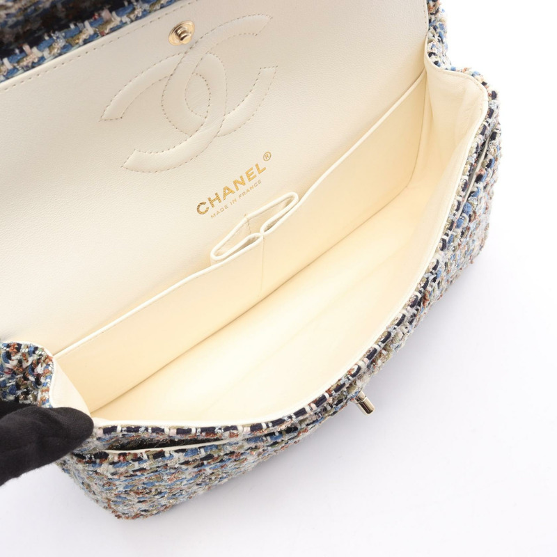 香奈兒 (CHANEL) Matelasse W 翻蓋鏈條肩背包，藍色斜紋軟呢布料，二手，女士，金色五金-2