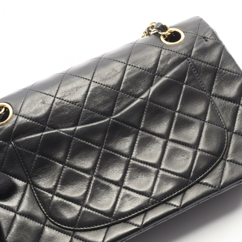 香奈兒 (CHANEL) Matelasse W 翻蓋鏈條肩背包，羊皮材質，黑色，二手，女士款，金色五金-8