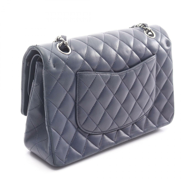 香奈兒 (CHANEL) Matelasse W 翻蓋鏈條單肩包，羊皮，海軍藍，二手，女士，帶鎖扣-1