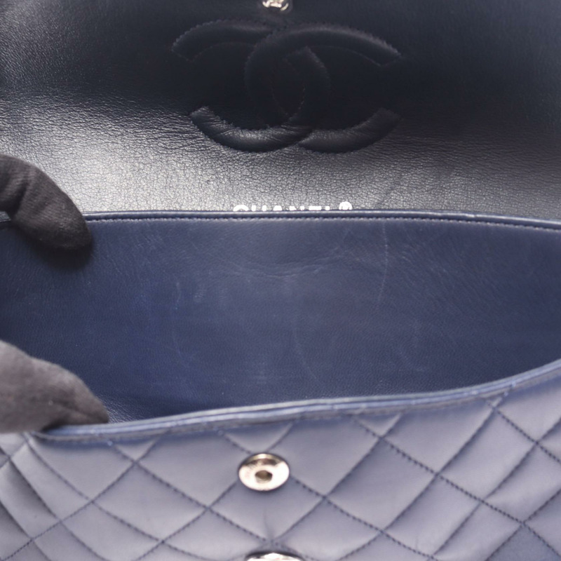 香奈兒 (CHANEL) Matelasse W 翻蓋鏈條單肩包，羊皮，海軍藍，二手，女士，帶鎖扣-10