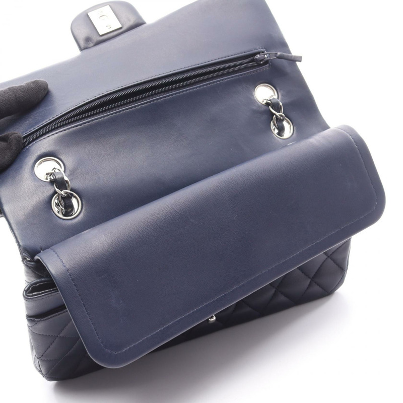香奈兒 (CHANEL) Matelasse W 翻蓋鏈條單肩包，羊皮，海軍藍，二手，女士，帶鎖扣-12