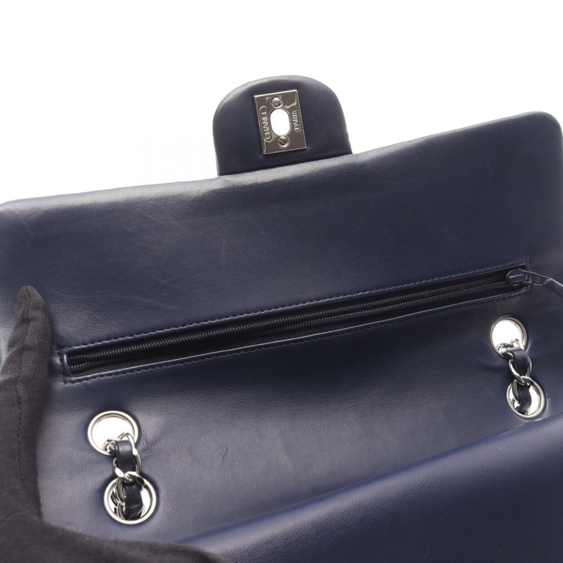 香奈兒 (CHANEL) Matelasse W 翻蓋鏈條單肩包，羊皮，海軍藍，二手，女士，帶鎖扣-14