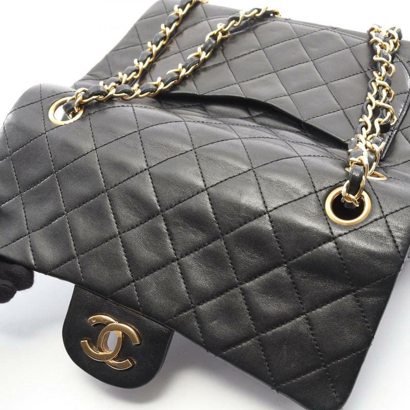 香奈兒 (CHANEL) Matelasse W 翻蓋鏈條肩背包,羊皮材質,黑色,二手,女士款,金色五金-7