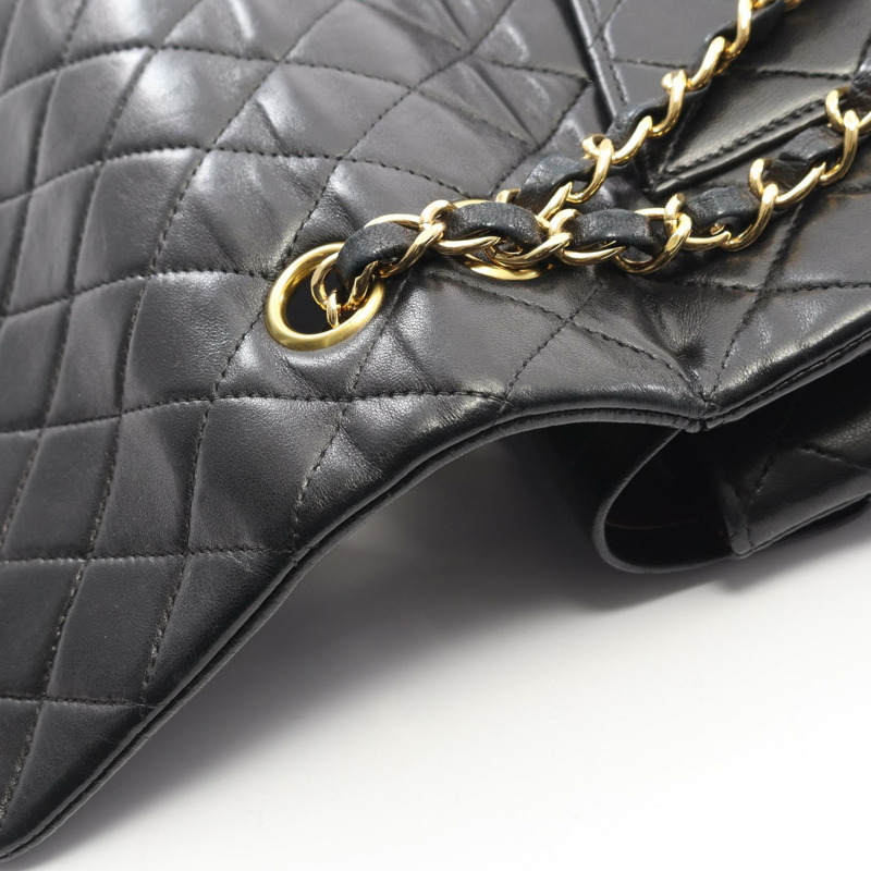 香奈兒 (CHANEL) Matelasse W 翻蓋鏈條肩背包，羊皮材質，黑色，二手，女士款，金色五金-7