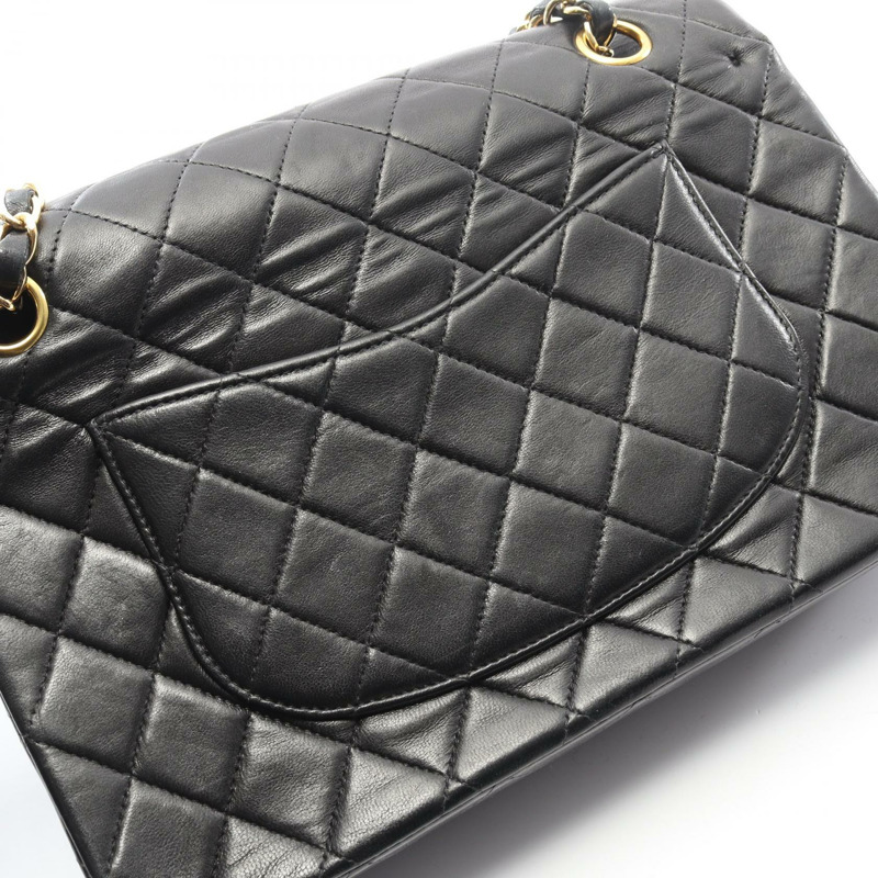香奈兒 (CHANEL) Matelasse W 翻蓋鏈條肩背包，羊皮材質，黑色，二手，女士款，金色五金-8