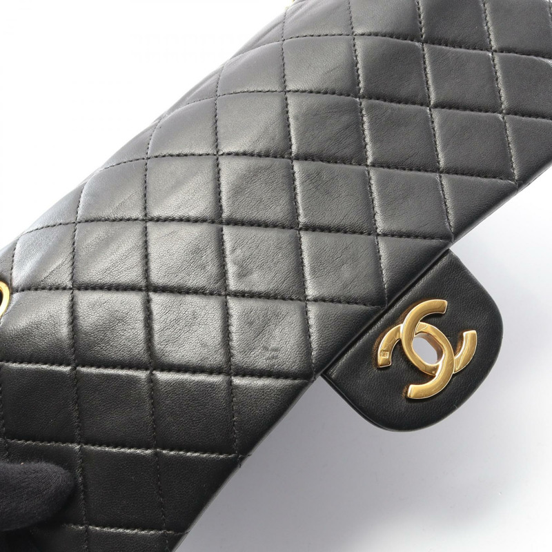 香奈兒 (CHANEL) Matelasse W 翻蓋鏈條肩背包，羊皮材質，黑色，二手，女士款，金色五金-11