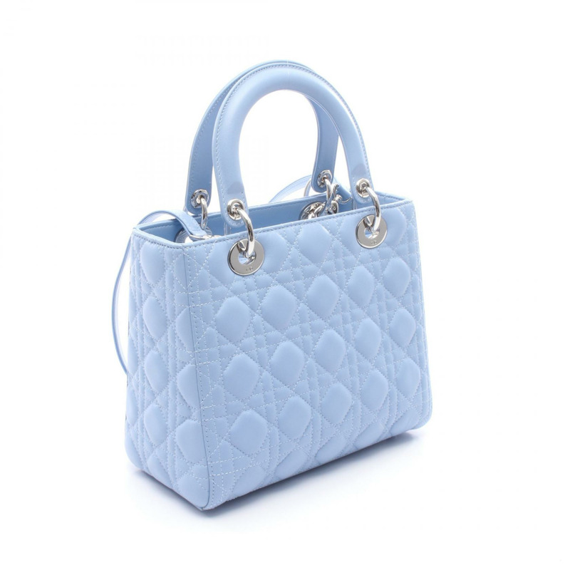 Christian Dior LADY DIOR Cannage 2Way Tote 手提包，藍色皮革，二手女士 CD-1