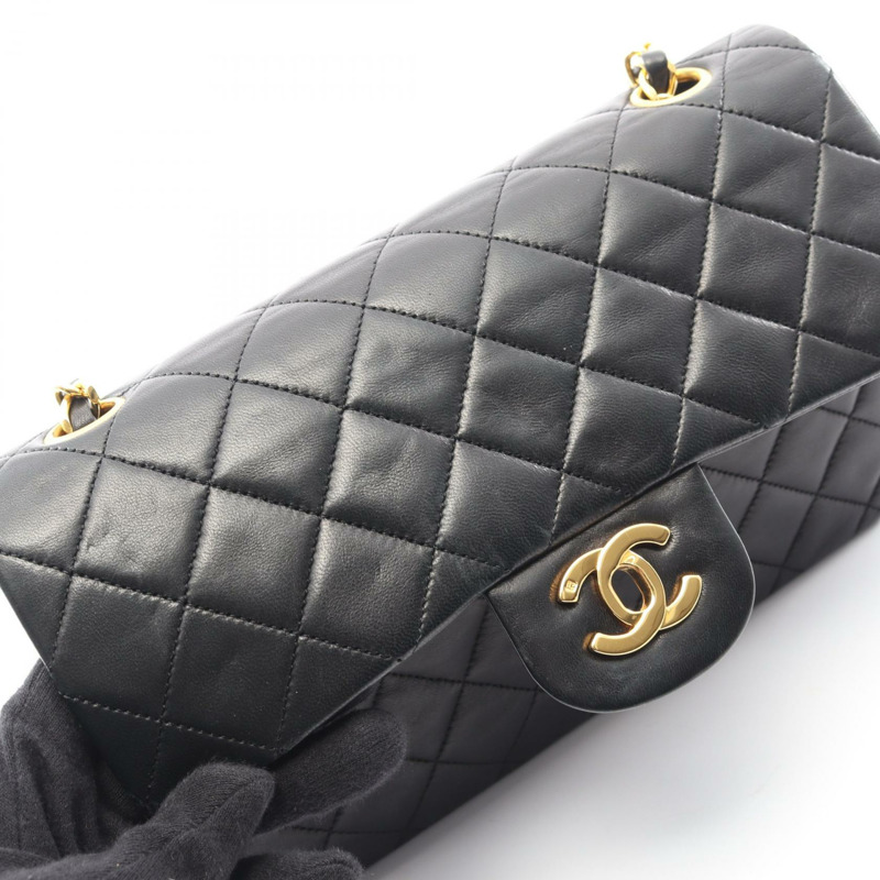 香奈兒 (CHANEL) Matelasse W 翻蓋鏈條單肩背包 A01113 羊皮黑 二手 金色五金-8
