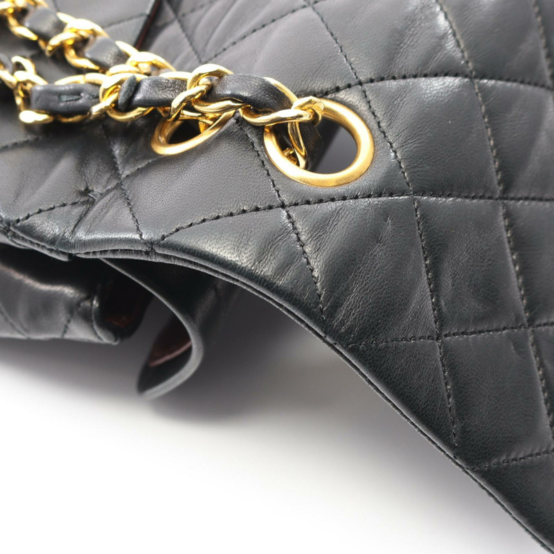 香奈兒 (CHANEL) Matelasse W 翻蓋鏈條單肩背包 A01113 羊皮黑 二手 金色五金-9