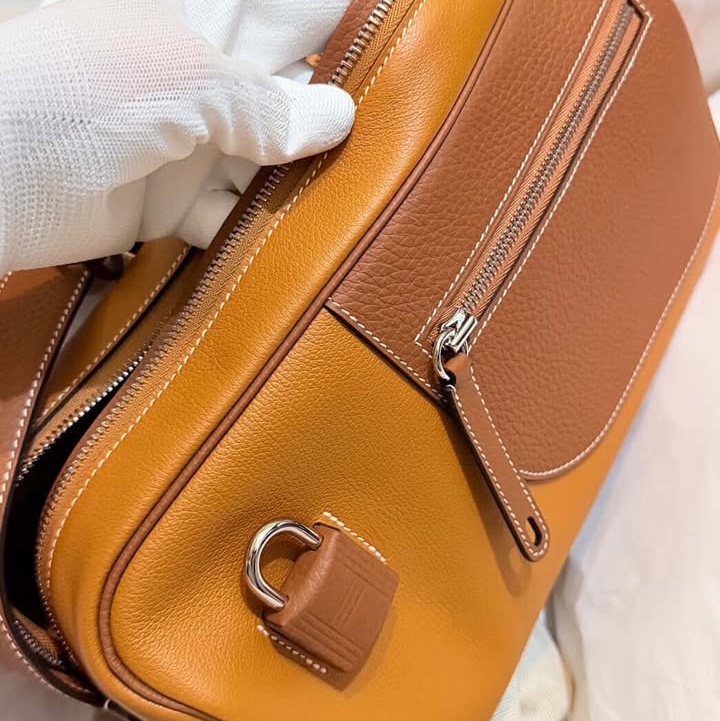 HERMES petit courtier 全新全配含購證稀有包包購於專櫃愛馬仕限量包皮拼CLEMENCE皮 37金棕 銀扣 肩背包2024年新款愛馬仕包 珍藏版限量購於專櫃金粽色-8