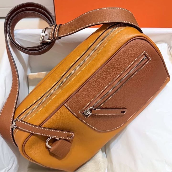 HERMES petit courtier 全新全配含購證稀有包包購於專櫃愛馬仕限量包皮拼CLEMENCE皮 37金棕 銀扣 肩背包2024年新款愛馬仕包 珍藏版限量購於專櫃金粽色-9