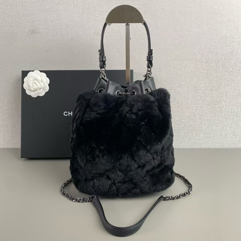 CHANEL香奈兒 黑銀兔毛抽繩水桶手提單肩斜挎包-2