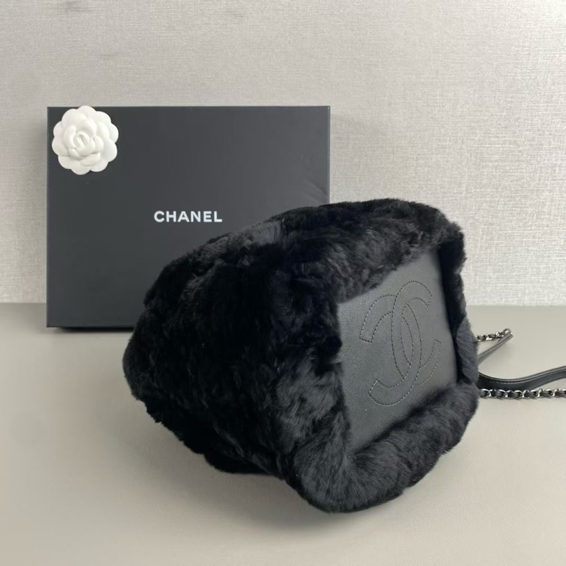 CHANEL香奈兒 黑銀兔毛抽繩水桶手提單肩斜挎包-4