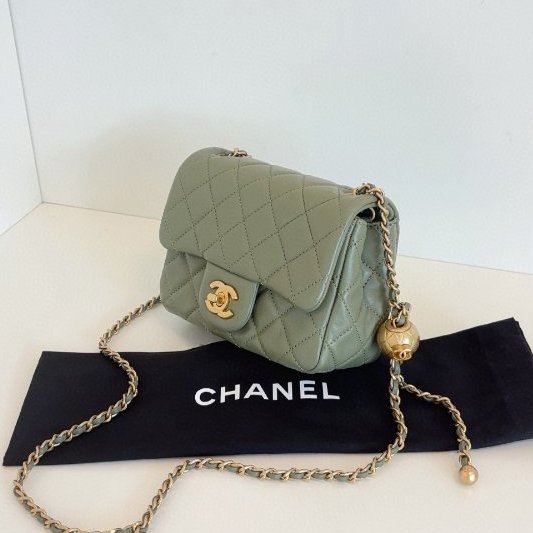 閒置新 香奈兒/Chanel 抹茶綠CF金球金珠方胖子鏈條包 芯片款-2