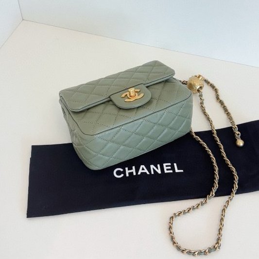 閒置新 香奈兒/Chanel 抹茶綠CF金球金珠方胖子鏈條包 芯片款-4