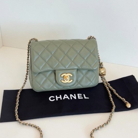 閒置新 香奈兒/Chanel 抹茶綠CF金球金珠方胖子鏈條包 芯片款-5