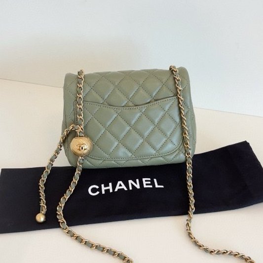閒置新 香奈兒/Chanel 抹茶綠CF金球金珠方胖子鏈條包 芯片款-6