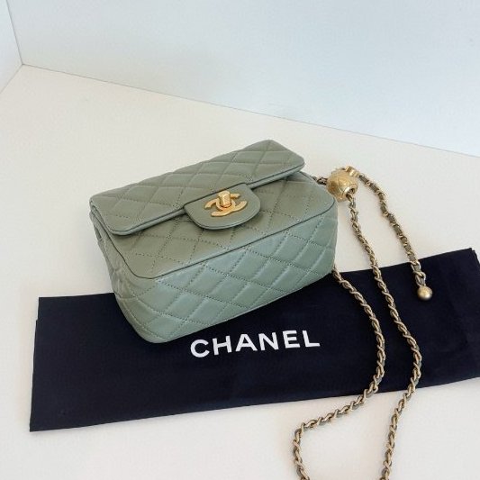 閒置新 香奈兒/Chanel 抹茶綠CF金球金珠方胖子鏈條包 芯片款-7