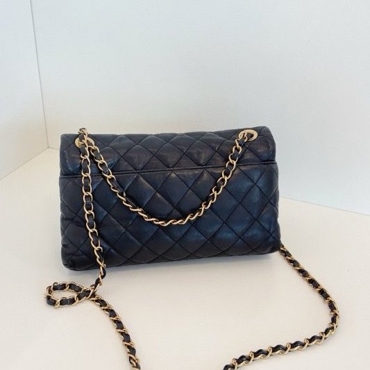 香奈兒/Chanel 黑金油臘皮拼光麵牛皮 季節CF中號 雙鏈條口蓋包-7