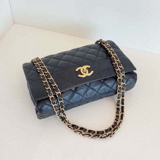 香奈兒/Chanel 黑金油臘皮拼光麵牛皮 季節CF中號 雙鏈條口蓋包-8