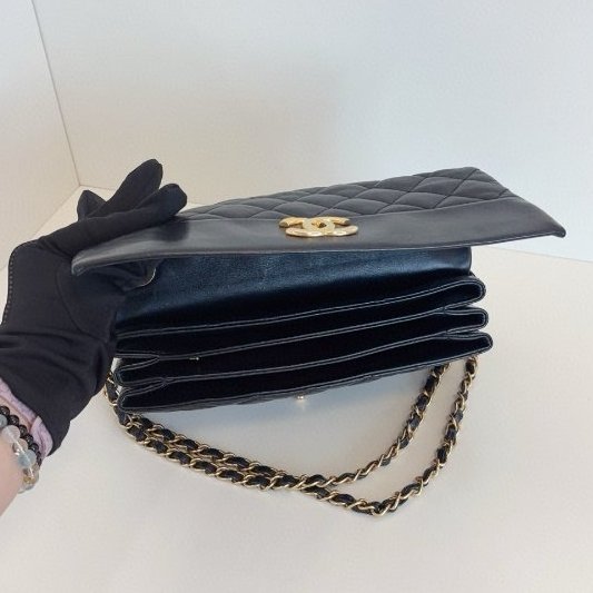香奈兒/Chanel 黑金油臘皮拼光麵牛皮 季節CF中號 雙鏈條口蓋包-9