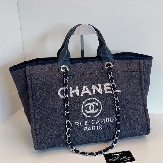 香奈兒/Chanel 牛仔藍沙灘包 帆佈拼牛皮托特包-0