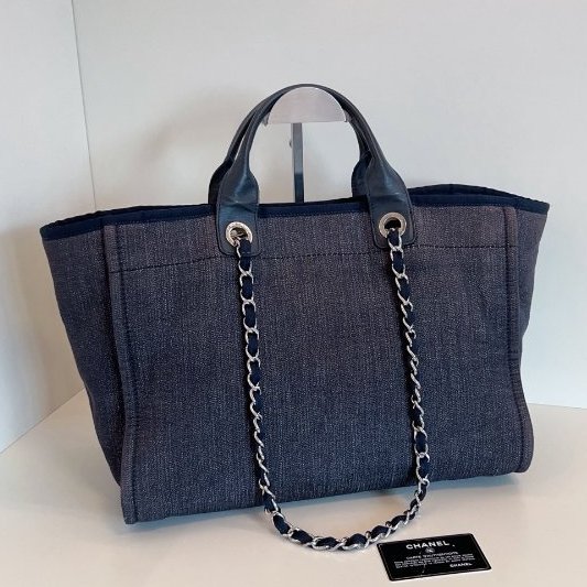 香奈兒/Chanel 牛仔藍沙灘包 帆佈拼牛皮托特包-1