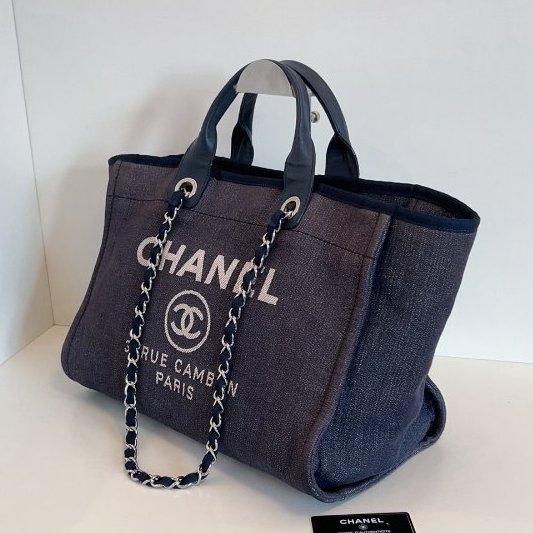 香奈兒/Chanel 牛仔藍沙灘包 帆佈拼牛皮托特包-2