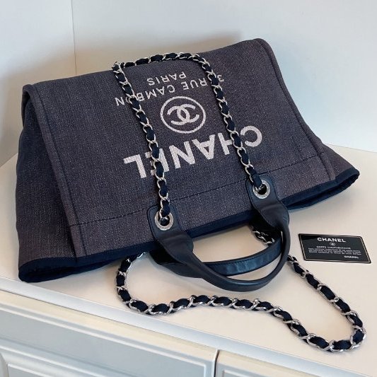 香奈兒/Chanel 牛仔藍沙灘包 帆佈拼牛皮托特包-3