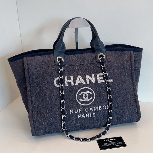 香奈兒/Chanel 牛仔藍沙灘包 帆佈拼牛皮托特包-5