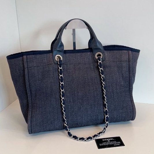 香奈兒/Chanel 牛仔藍沙灘包 帆佈拼牛皮托特包-6