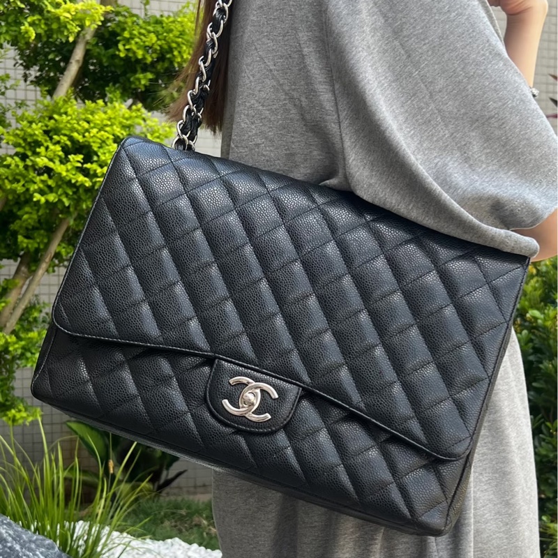 CHANEL黑色牛皮銀釦單層jumbo（超美）-1