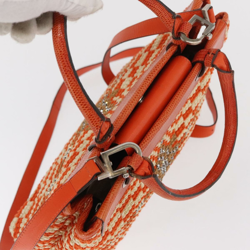 【日本直送】BOTTEGA VENETA 拉菲草編織兩用手提包 橙色 銀色 正品 169811-5