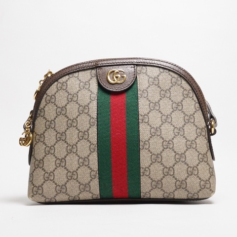 GUCCI 經典Ophidia系列 GG Supreme帆布印花綠紅綠織帶皮革飾邊拉鍊斜背包