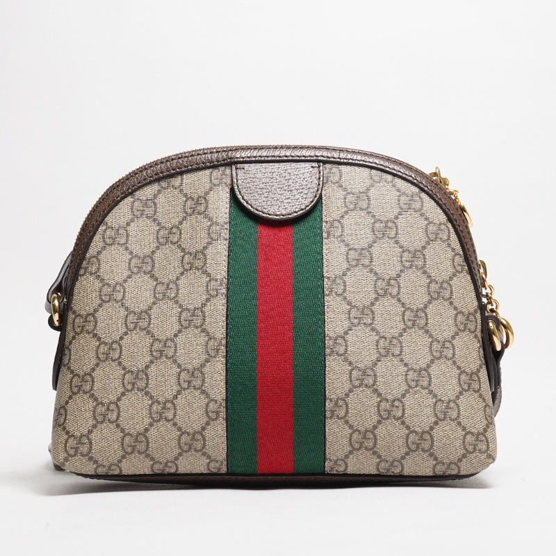 GUCCI 經典Ophidia系列 GG Supreme帆布印花綠紅綠織帶皮革飾邊拉鍊斜背包-1