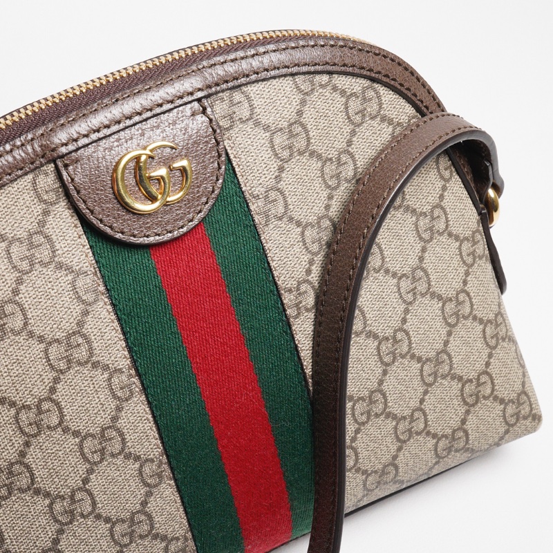 GUCCI 經典Ophidia系列 GG Supreme帆布印花綠紅綠織帶皮革飾邊拉鍊斜背包-5