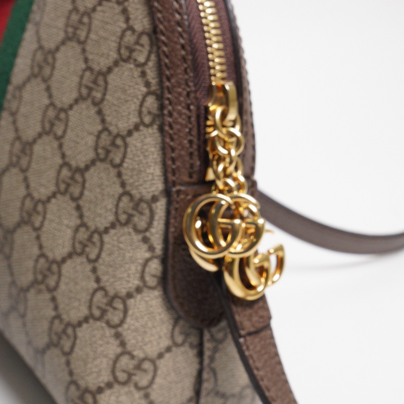 GUCCI 經典Ophidia系列 GG Supreme帆布印花綠紅綠織帶皮革飾邊拉鍊斜背包-6