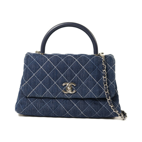 CHANEL 牛仔布Coco Handlec銀扣鏈帶手挽肩背兩用袋