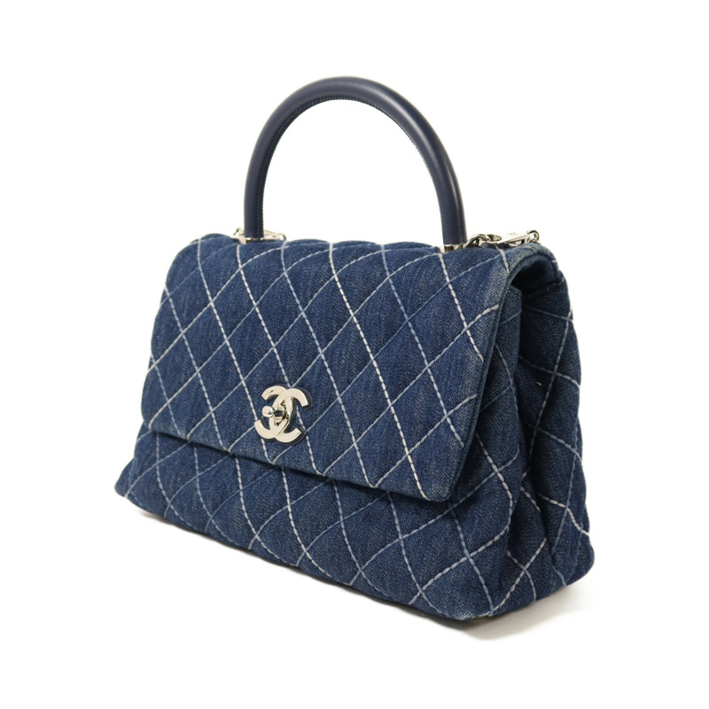 CHANEL 牛仔布Coco Handlec銀扣鏈帶手挽肩背兩用袋-2